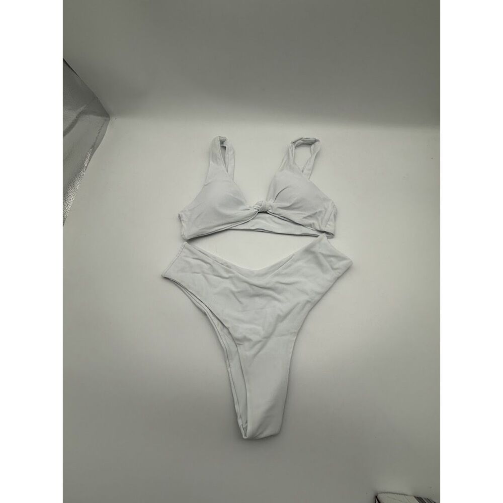🌴Geluboao V Neck Knot Front Push Up High Leg Thong, White small - Picture 2 of 5